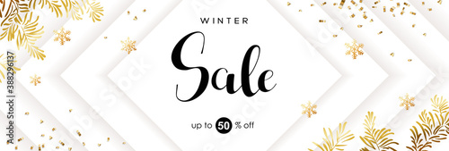 Winter sale vector poster with discount text and snow elements for shopping promotion.