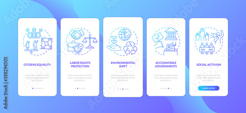 Social change benefits onboarding mobile app page screen with concepts. Equality, labor rights, activism walkthrough 5 steps graphic instructions. UI vector template with RGB color illustrations