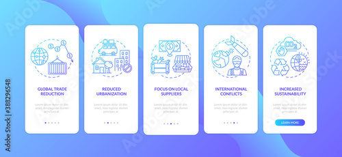 Reverse globalization trends onboarding mobile app page screen with concepts. International conflicts, trade walkthrough 5 steps graphic instructions. UI vector template with RGB color illustrations