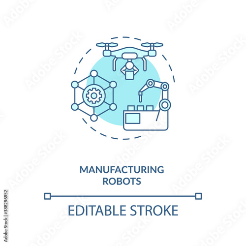 Manufacturing robots concept icon. Future digital life helpers. Smart computers creation method. AI application idea thin line illustration. Vector isolated outline RGB color drawing. Editable stroke