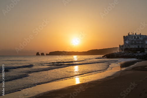 Sunrise over the "Deux Jumeaux" in Hendaye beach, Basque Country, France