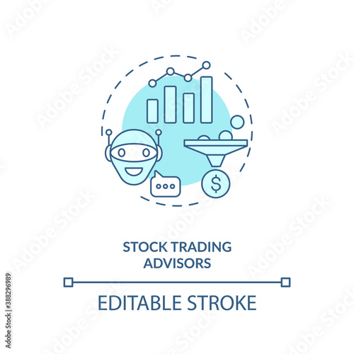 Stock trading advisors concept icon. Money earning futuristic tutorial. Smart analystic computer. AI application idea thin line illustration. Vector isolated outline RGB color drawing. Editable stroke