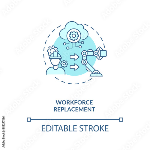 Workforce replacement concept icon. No working places for people. Money increasing technologies. AI threats idea thin line illustration. Vector isolated outline RGB color drawing. Editable stroke