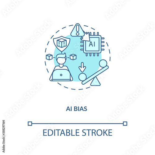 AI bias concept icon. Human mistake while codding smart computer. Future device issues. AI threats idea thin line illustration. Vector isolated outline RGB color drawing. Editable stroke