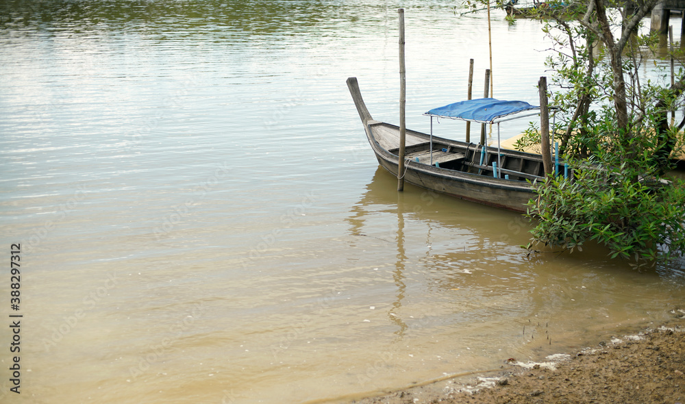 Fototapeta premium Old wooden fishing boat floating shallow water near tree 