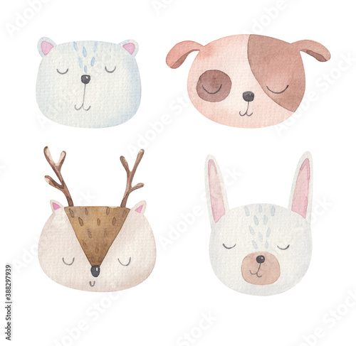 set of cute animals, bear, dog, deer, hare, childrens watercolor illustration on a white background, kids room decor, print