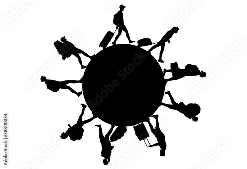 Black silhouettes of people with luggage around circle (planet). Tourists walking on circle. Vector illustration.