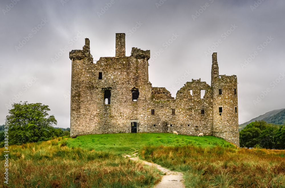 Scenic view of medieval Kilchurn castle in Scottish Highlands