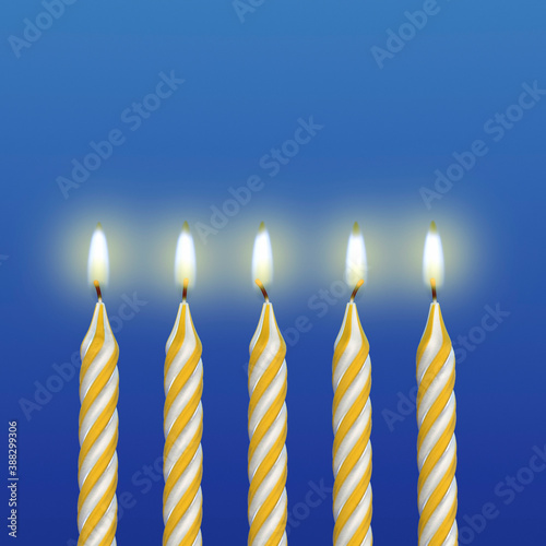 Five yellow birthday wax candles on light blue background. 3D illustration.