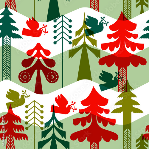 Christmas vintage folk pine tree seamless pattern
