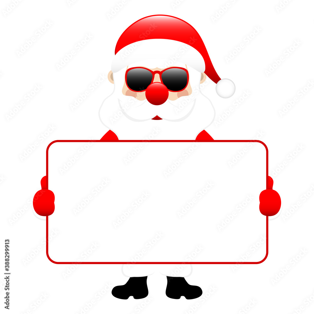 Stehender Weihnachtsmann Sonnenbrille Hält Leeres Schild Stehender Weihnachtsmann Sonnenbrille Hält Leeres Schild