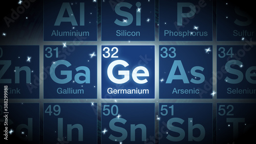 Close up of the Germanium symbol in the periodic table, tech space environment.