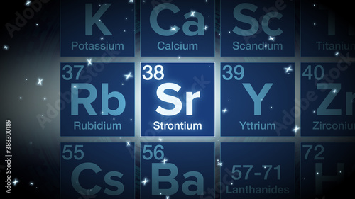 Close up of the Strontium symbol in the periodic table, tech space environment.