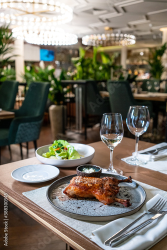 roasted chicken on gray plate