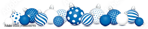 Banner Liegende Weihnachtskugeln Mit Muster Blau Weiß Silber