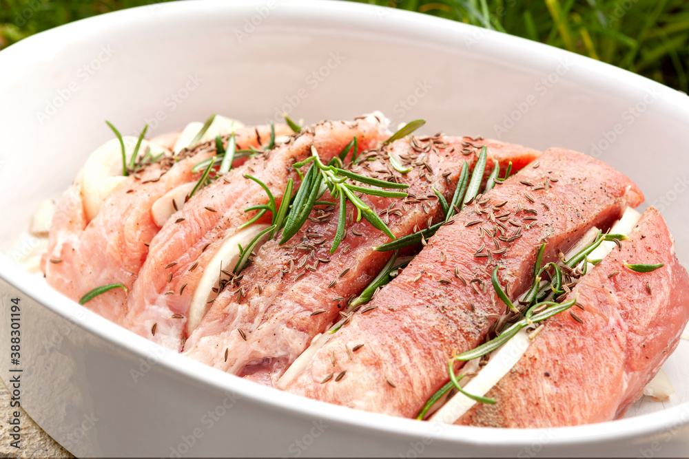 Raw pork meat with fresh herbs and spices. Raw pork meat with fresh herbs and spices.
