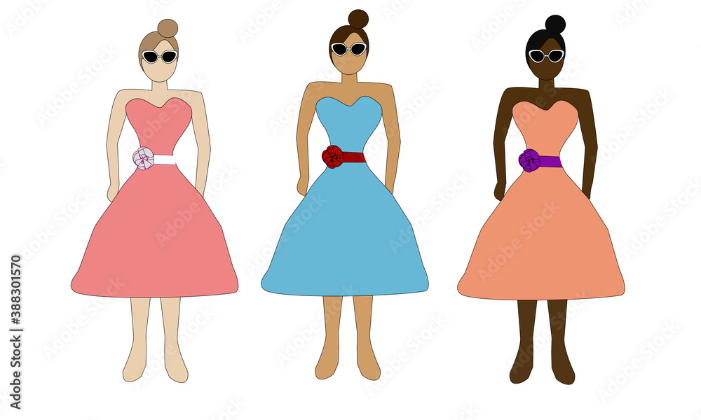 Three stylish girls in sunglasses and dresses. The have different colors of skin, hair and clothes. Three stylish girls in sunglasses and dresses. The have different colors of skin, hair and clothes.