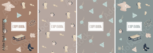 Hello winter. Set of gentle vector flat covers for copybook with cozy winter elements. Covers in four colors for winter holidays. Background with place for text for banners, posters. Winter copybook.