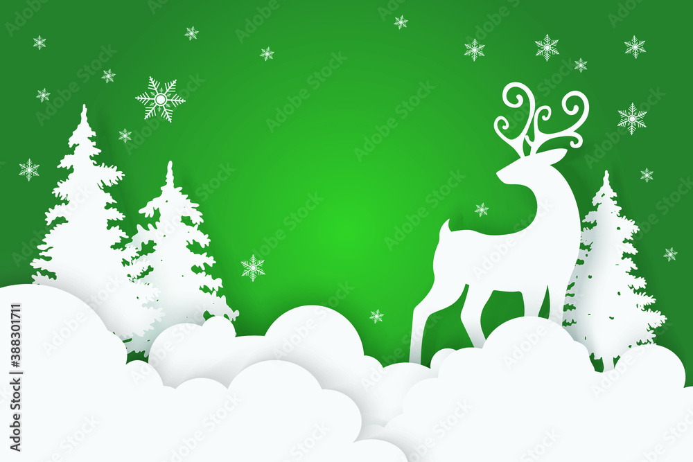 paper cut Christmas card reindeer Winter scene heart background blue color vector illustration.