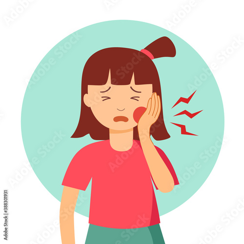 Little girl having painful toothache cartoon character in flat design. Dental problem and oral treatment concept.	