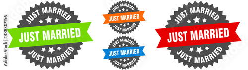 just married sign. round ribbon label set. Seal