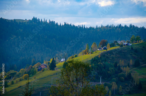 Beautiful autumn evening in Carpathian village