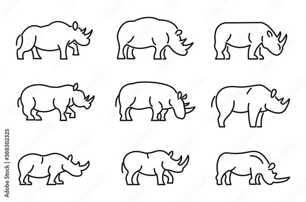 Rhino icons set. Outline set of rhino vector icons for web design isolated on white background Rhino icons set. Outline set of rhino vector icons for web design isolated on white background