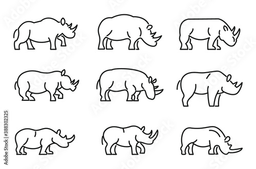 Rhino icons set. Outline set of rhino vector icons for web design isolated on white background