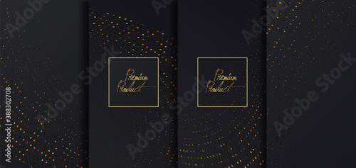 Luxury Premium design. Vector set packaging templates with golden glitters for luxury products. Collection of design elements with golden foil. 	
Black paper cut background. VIP design