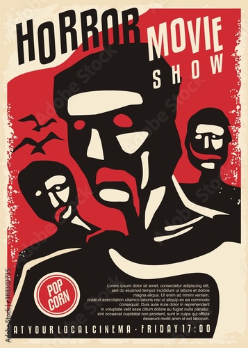 Scary zombies walking under the red sky, retro movie show poster template. Cinema flyer with strange human creatures. Film vector illustration.