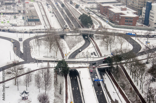 Rotterdam, The Netherlands, January 22, 2019: aerial view of Drooglever Fortuynplein traffic junction after recent snowfall photo