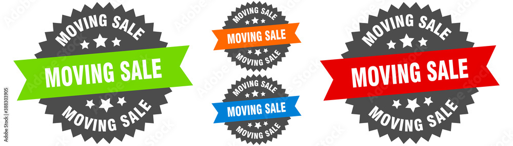 moving sale sign. round ribbon label set. Seal moving sale sign. round ribbon label set. Seal