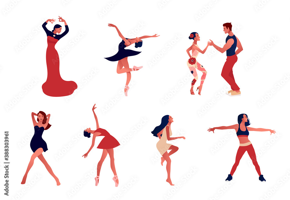 Dance studio. Set of happy active positive women dancing. Ballerina in a tutu, wearing pointe shoes, couple dancing salsa, flamenco dancer . Vector illustration