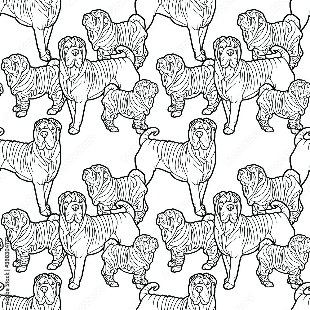 Vector illustration. Hand drawing art. Seamless background. Shar Pei dog. Lineart. Contour image of a dog. Coloring page.