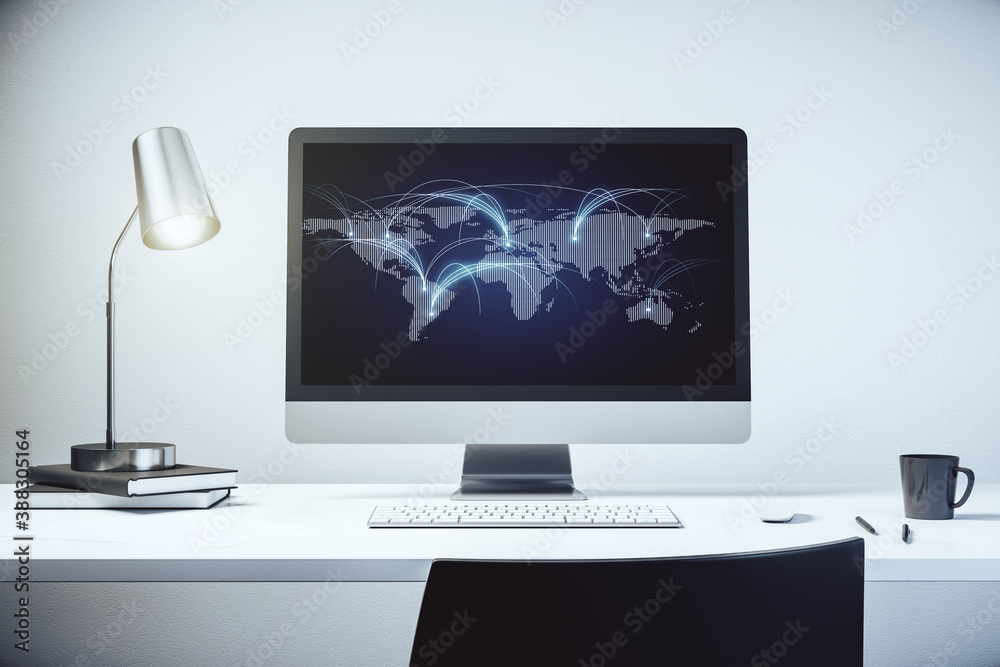 Modern computer monitor with abstract digital world map with connections, research and strategy concept. 3D Rendering Modern computer monitor with abstract digital world map with connections, research and strategy concept. 3D Rendering