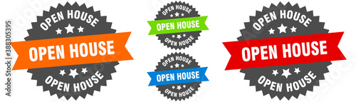 open house sign. round ribbon label set. Seal