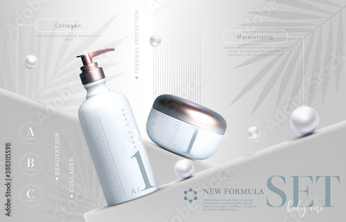 Elegant cosmetic set of products background, premium cream jar for skin care products. Luxury facial cream. Cosmetic ads flyer or banner design. Blue cosmetic cream template. Makeup products brand.