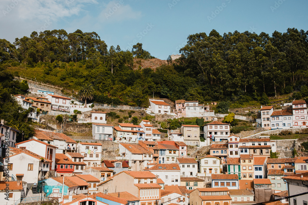 Cityscape of Cudillero village, in the north of Spain. Cudillero is a charming village in Asturias, placed on a hill of the Atlantic coastline, with picturesque architecture
