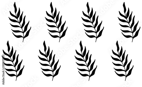 Black leaves on white background. Tropical silhouette seamless vector pattern.