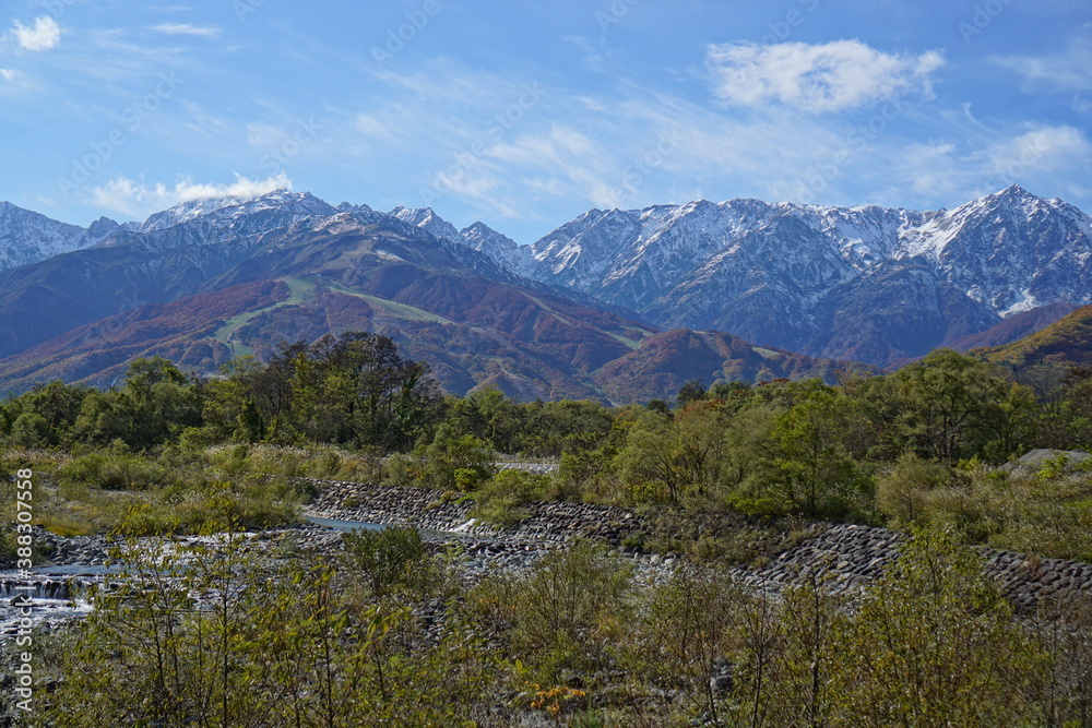 Fototapeta premium Autumn colorful foliage. mountains have 3 different colors made by nature, white, red, green. 