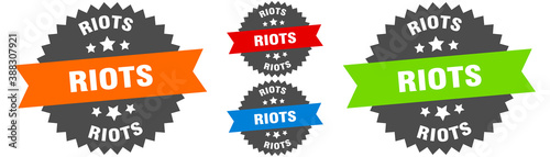 riots sign. round ribbon label set. Seal