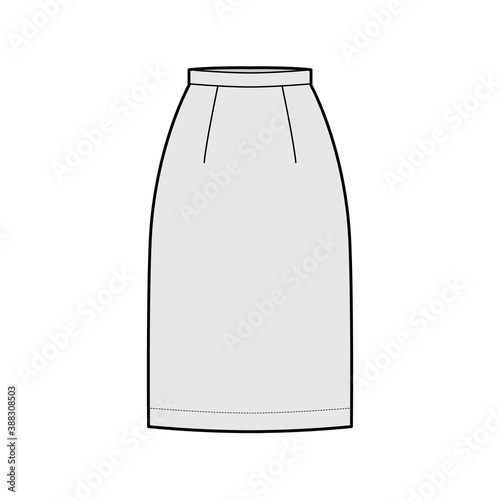 Skirt sheath straight technical fashion illustration with knee lengths, flap at back, pencil fullness. Flat bottom apparel template front, grey color style. Women, men, unisex CAD mockup