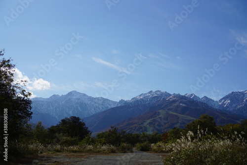 Autumn colorful foliage. mountains have 3 different colors made by nature, white, red, green. 