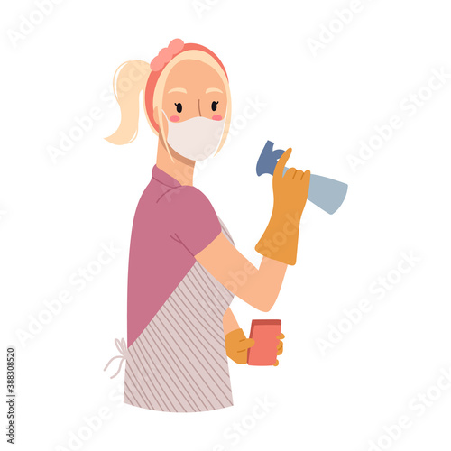 Woman is ready for cleaning holds cleaner and sponge with a face mask to protect against the virus isolated on white background.Vector hand drawn illustration. Cartoon style, flat design.