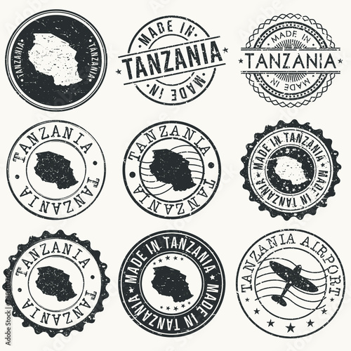 Tanzania Set of Stamps. Travel Stamp. Made In Product. Design Seals Old Style Insignia.