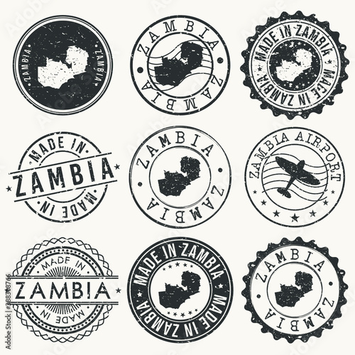 Zambia Set of Stamps. Travel Stamp. Made In Product. Design Seals Old Style Insignia.