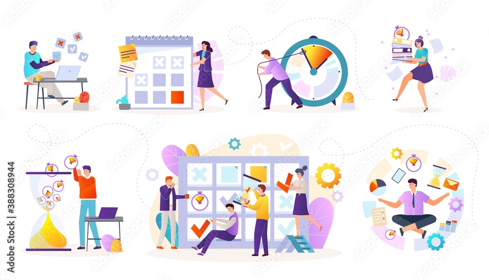 Time management flat icons set with task scheduling vector illustrations. Office managers with multitask organisation, finance analysis, clocks, work plan and sheduling managing. Deadline in business.