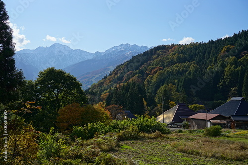 Autumn colorful foliage. mountains have 3 different colors made by nature, white, red, green. 