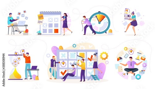 Time management flat icons set with task scheduling vector illustrations. Office managers with multitask organisation, finance analysis, clocks, work plan and sheduling managing. Deadline in business.