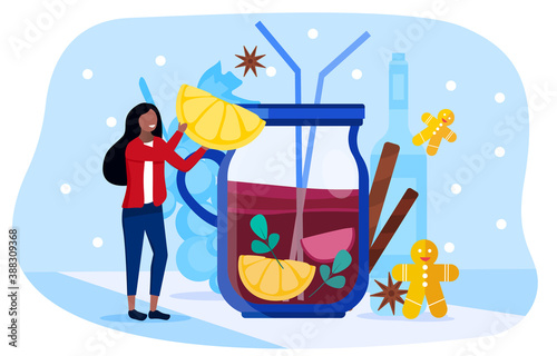 Abstract illustration depicting a tiny young beautiful happy smiling girl drinking mulled wine from a giant glass with a straw. Flat vector illustration with fictional character.